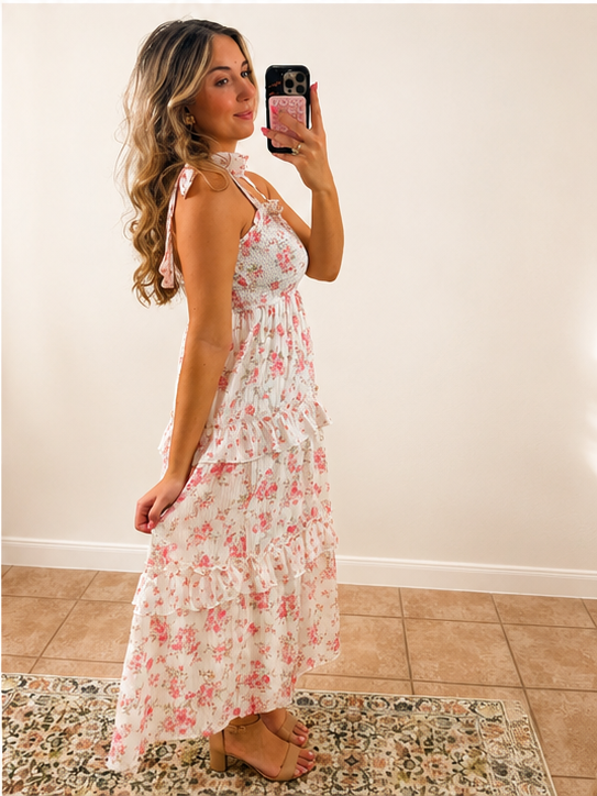Floral Smocked Midi - Pink