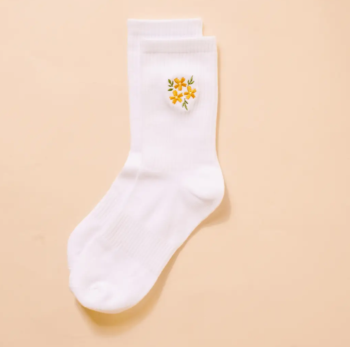 Embroidered Crew Socks–Floral Yellow