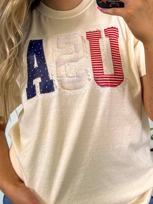 USA Faux Lace Trim T-shirt