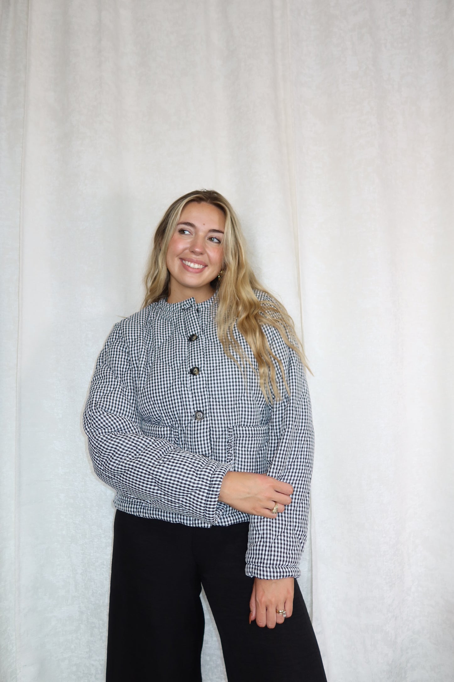 Plaid Padded Ruffled Pocket Jacket