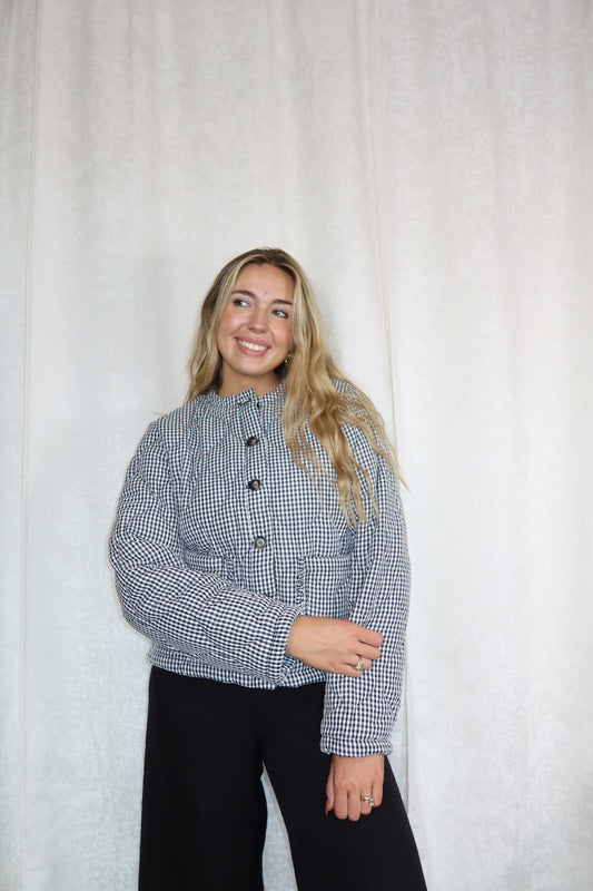 Plaid Padded Ruffled Pocket Jacket