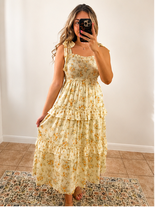 Floral Smocked Midi - Yellow