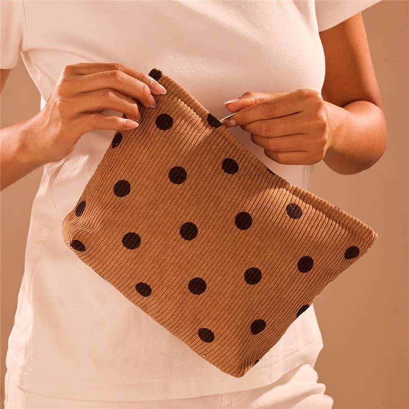 CORDUROY POLKA DOT COSMETIC MAKEUP POUCH BAG | 40P625: BROWN
